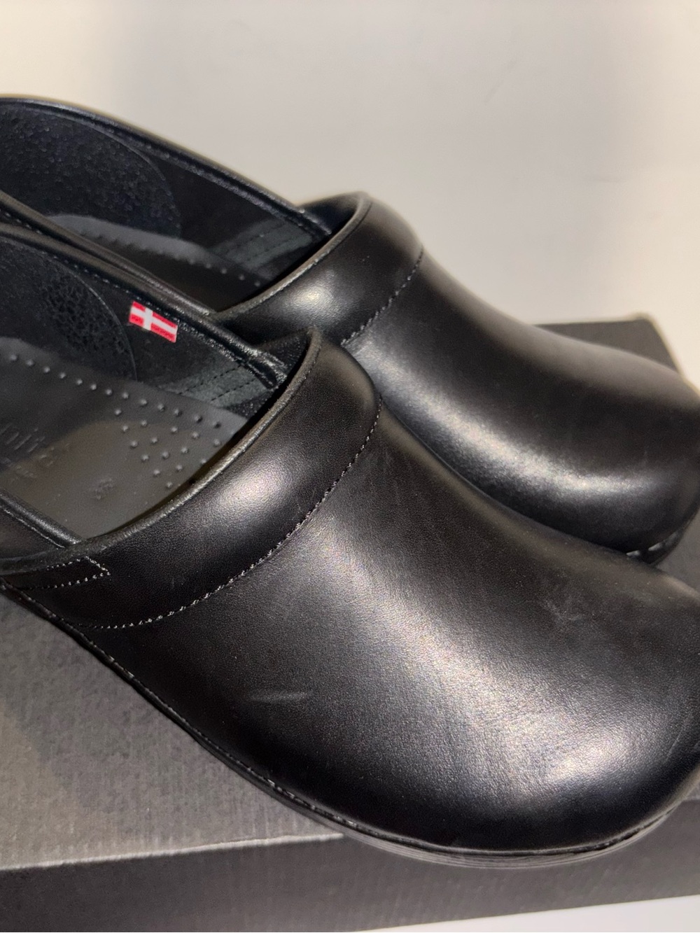 Sanita Black Leather Slip-On Clogs